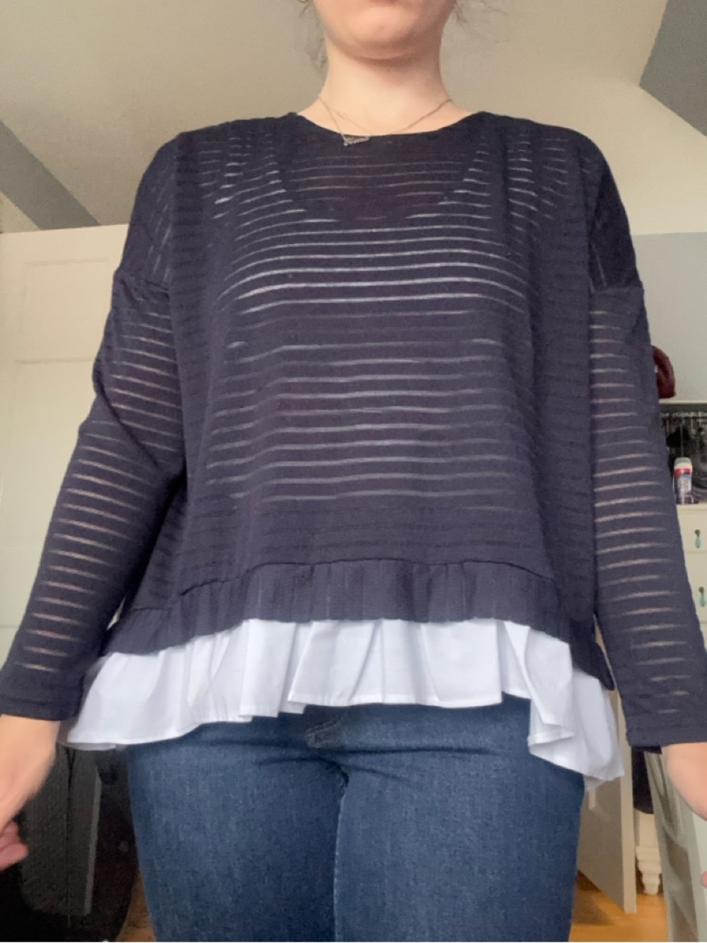 French Connection Navy Sheer Stripe Knit Top with White Ruffle Hem
